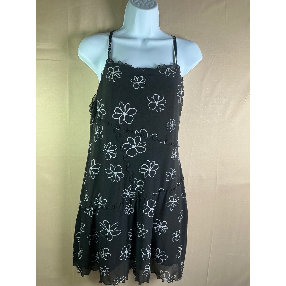 Wild Fable Black Floral Mesh Mini Dress Large L Daisy Ruffle Lettuce Edge Y2K